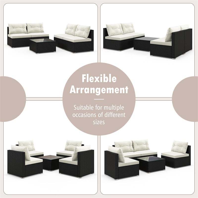 5-Piece Outdoor PE Wicker Sectional Sofa Furniture Set Patio Conversation Set with Tempered Glass Side Table, Seat & Back Cushions