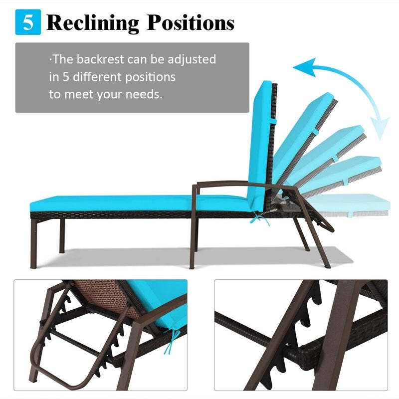 2PCS Wicker Outdoor Chaise Lounge Chairs with Cushions & 5 Adjustable Backrest, PE Rattan Patio Sun Loungers for Poolside, Backyard, Deck