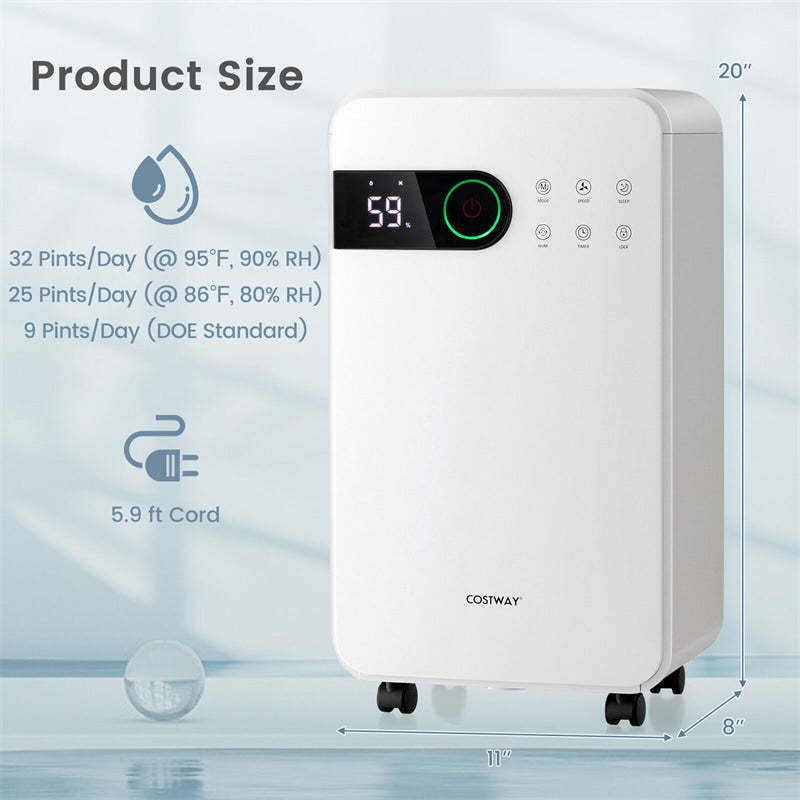 32-Pint 2500 Sq.Ft Quiet Dehumidifier for Basement & Home with Drain Hose, Sleep Mode, Child Lock, 3-Color LED Indicator & Wheels