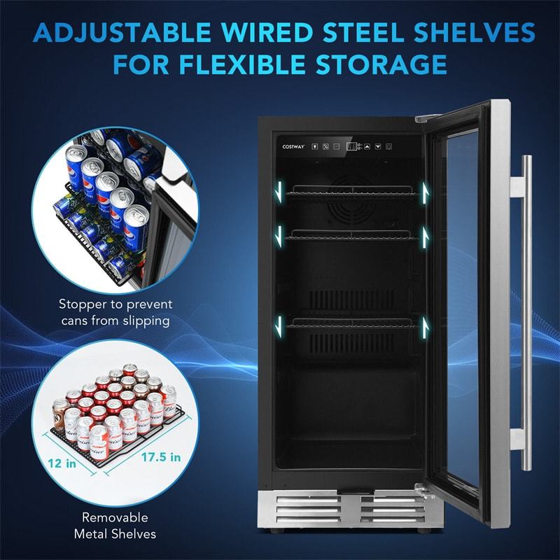 15" Beverage Refrigerator, 100 Can Built-in/Freestanding Drink Fridge with Glass Door & Adjustable Shelves for Soda Beer Wine, Home Office