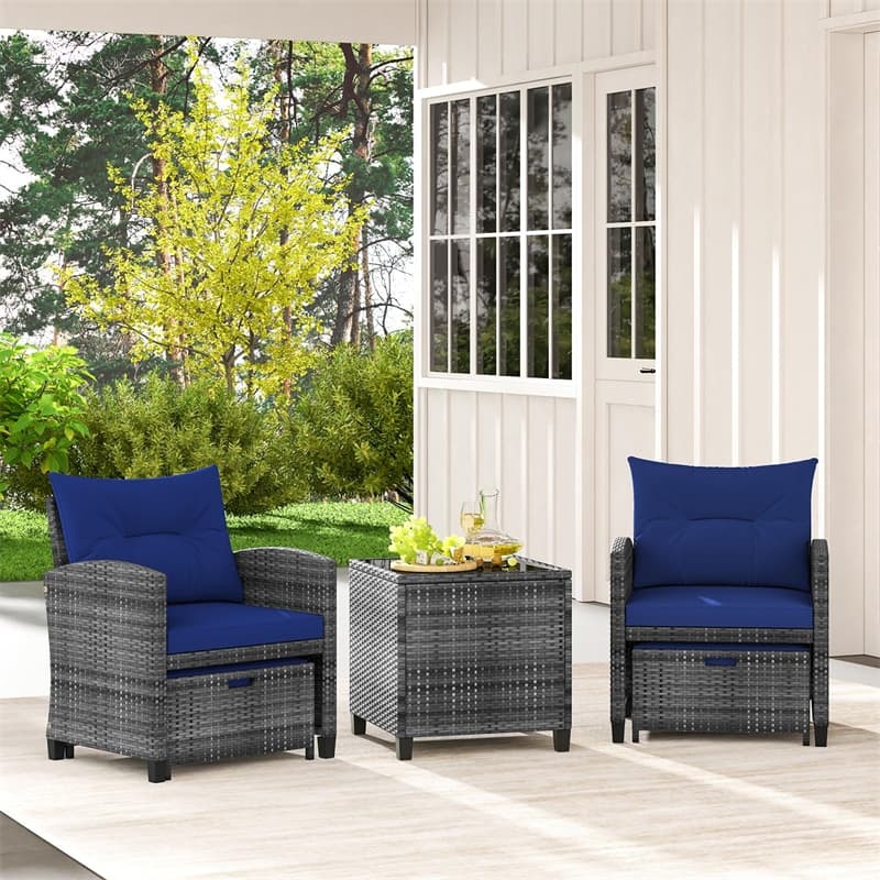 5-Piece Patio Rattan Furniture Set, Wicker Cushioned Chairs with 2 Ottomans & Tempered Glass Coffee Table for Backyard, Lawn, Poolside, Deck