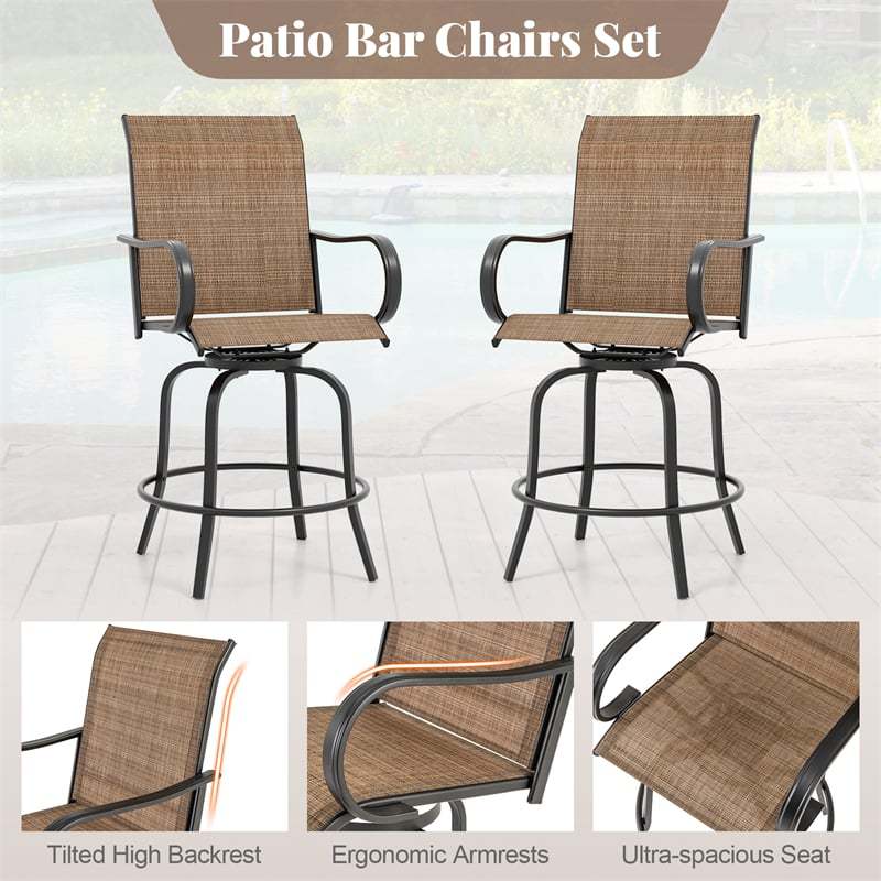 Swivel Outdoor Bar Stools Set of 2 All-Weather Steel Frame Bar Height Patio Chairs High Back with Curved Armrests