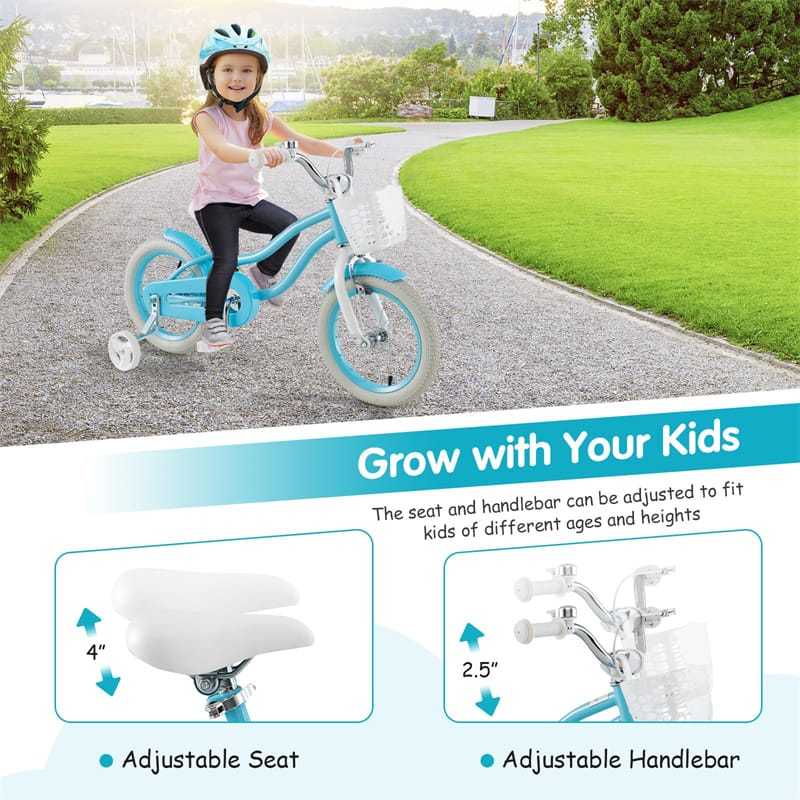 14" Kids Bike, Toddler Bicycle Girls Boys Bike for 3-8 Years Old with Training Wheels Adjustable Seat Removable Basket