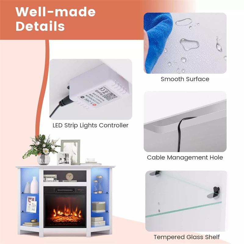 45" Corner Fireplace TV Stand for 50" TVs, Modern Fireplace Entertainment Center with 16-Color LED Lights, Smart APP Control, Adjustable Shelves