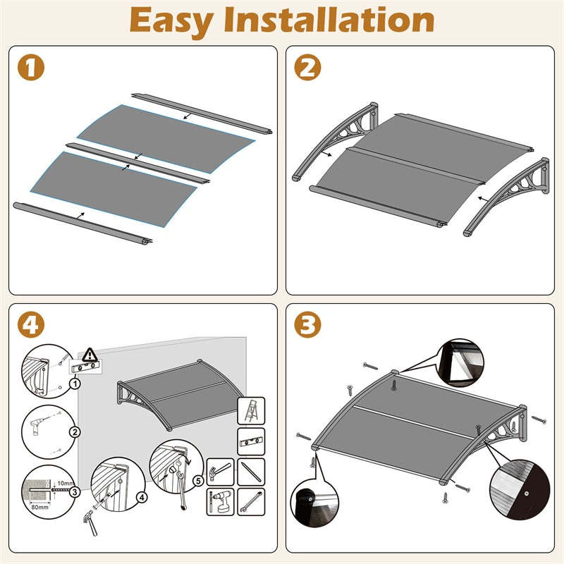 40" x 48" Window Awning, Modern Polycarbonate Overhead Door Awning Canopy with Hollow Sheet for Rain Snow Sunlight UV Protection UPF 50+