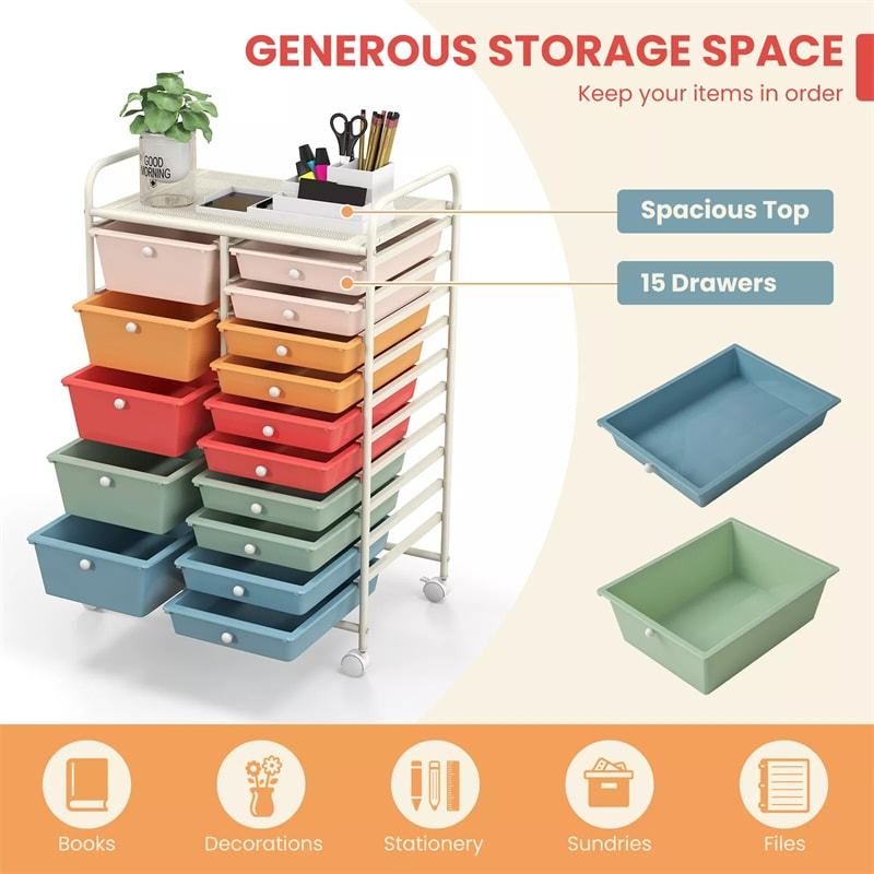 15-Drawer Rolling Storage Cart, Mobile Organizer with Wheels for Office, School, Craft, Tools, Scrapbook Paper, Storage Drawer Cart