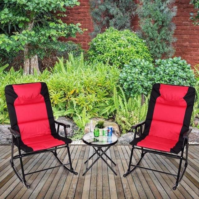 3 Piece Outdoor Folding Bistro Set, High Back Patio Rocking Chairs with Padded Seat & Glass Table for Backyard, Poolside & Deck