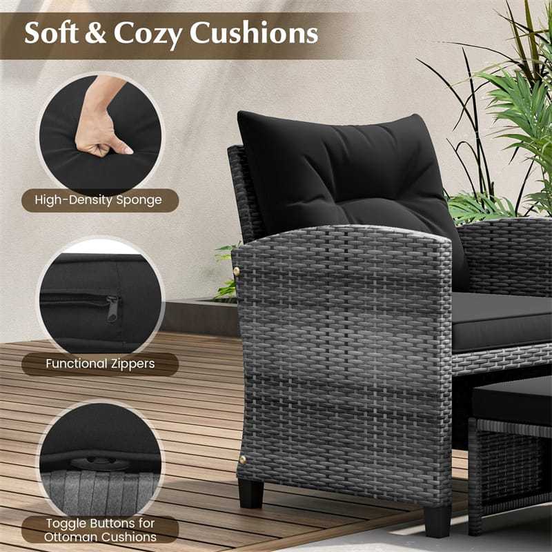 5-Piece Patio Rattan Furniture Set, Wicker Cushioned Chairs with 2 Ottomans & Tempered Glass Coffee Table for Backyard, Lawn, Poolside, Deck