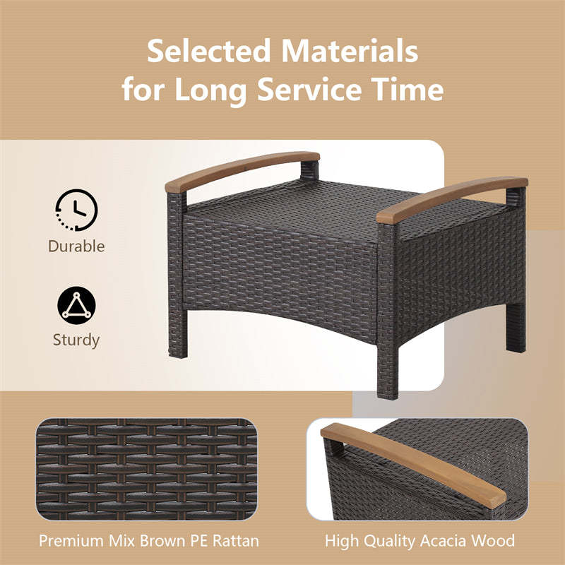 2PCS Patio PE Rattan Ottomans w/ Acacia Wood Handle & Removable Cushion, 3-in-1 Wicker Outdoor Footrest Seat & Side Table for Poolside, Backyard