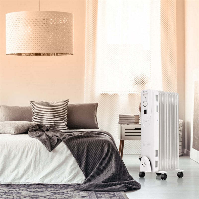 1500W Portable Oil Filled Electric Radiator Heater with 3 Heating Modes Universal Wheels