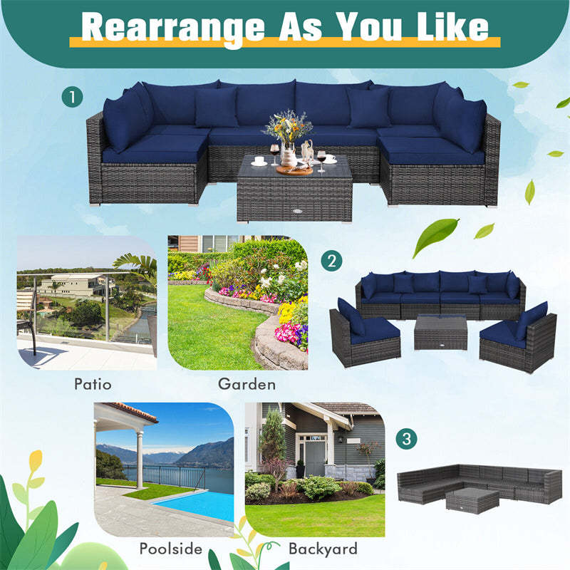 7PCS PE Rattan Modular Outdoor Sectional Set with Tempered Glass Top Table & Cushions, Patio Sofa Furniture for Backyard, Poolside Garden