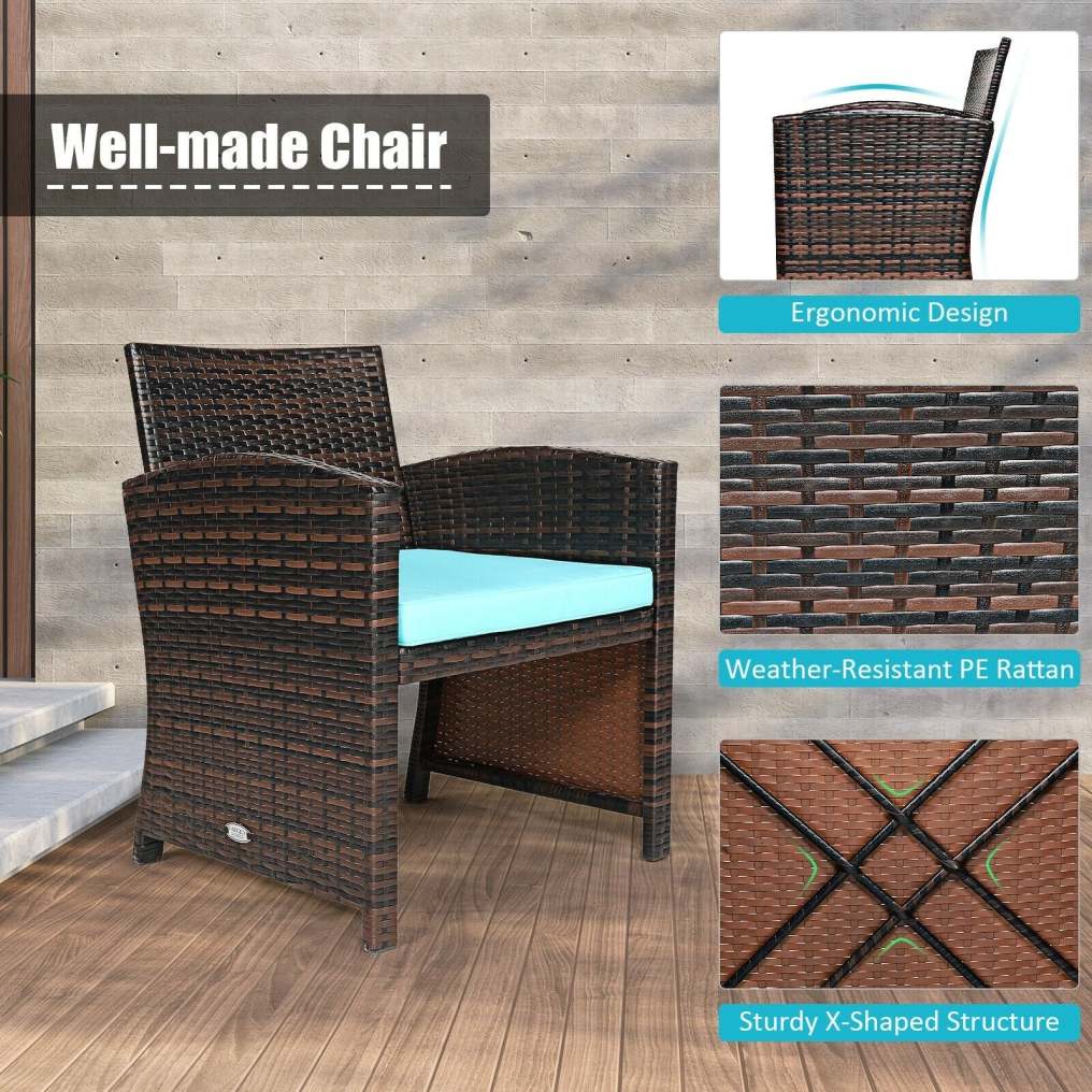 3 Piece Outdoor PE Rattan Furniture Set Wicker Patio Conversation Set with Cushioned Chairs, Tempered Glass Storage Coffee Table