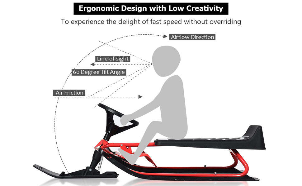Kids Snow Racer Sled Ski Sled with Steering Wheel Double Brakes Pull Rope