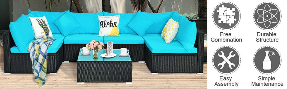 7 Piece Wicker Patio Sectional Sofa Set with Coffee Table & Cushions
