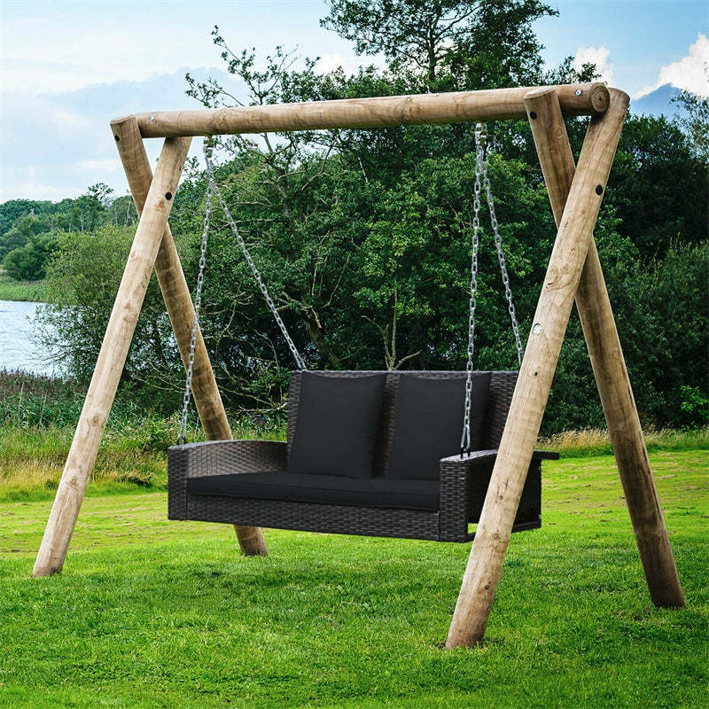 2-Person Wicker Patio Swing Bench with Removable Cushions & Reinforced Steel Chain, 800lbs Capacity Rattan Porch Swing for Backyard, Garden