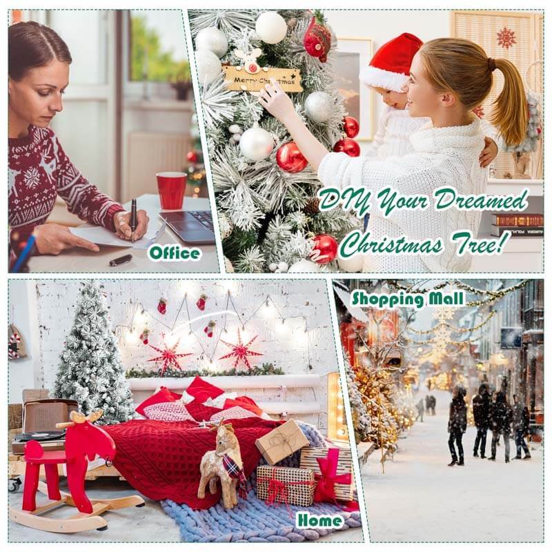 8FT Snow Flocked Christmas Tree Glitter Tips with Pine Cone and Red Berries