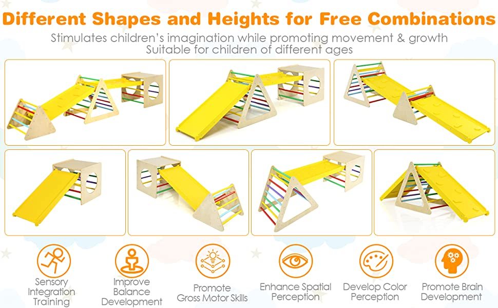 5-in-1 Kids Pikler Triangle Climber Cube Playing Set Toddler Climbing Toys with 2 Sliding Ramps