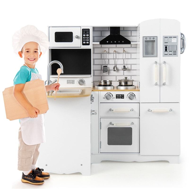 Kids Wooden Corner Kitchen Playset, 11-in-1 Little Chef Pretend Play Kitchen Toy Set with Realistic Washer, Microwave, Range Hood, Fridge & Telephone