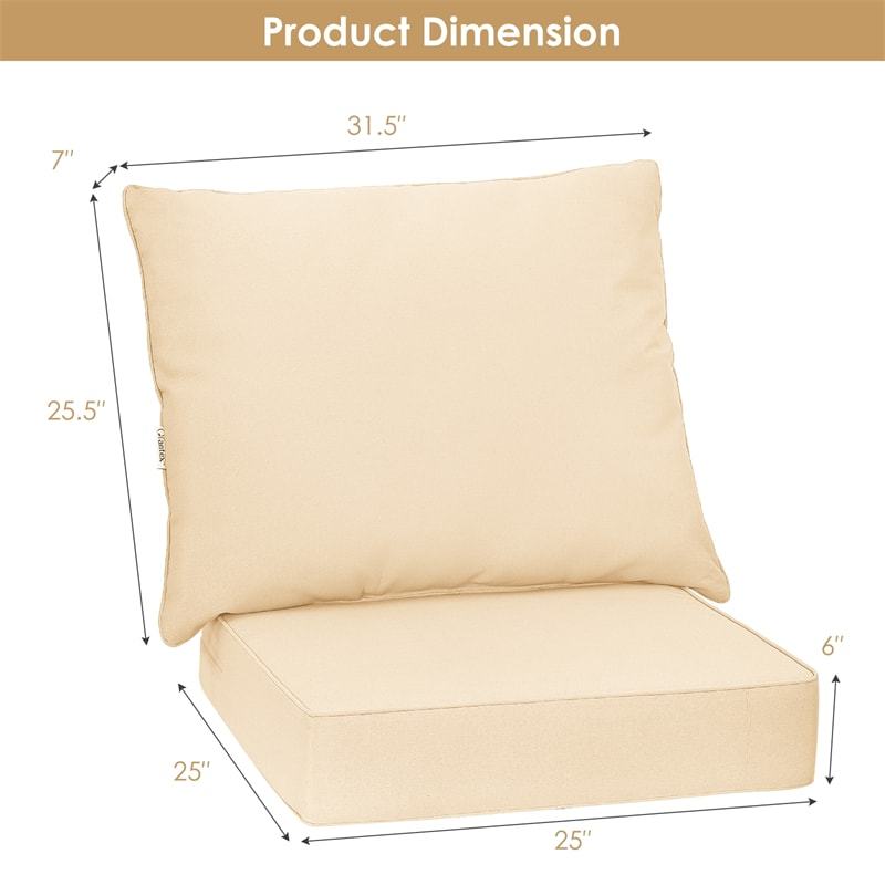 Deep Seat & Back Cushion Set with Rope Ties, Waterproof 6" Thick Indoor/Outdoor Chair Pads for Patio Furniture & Poolside