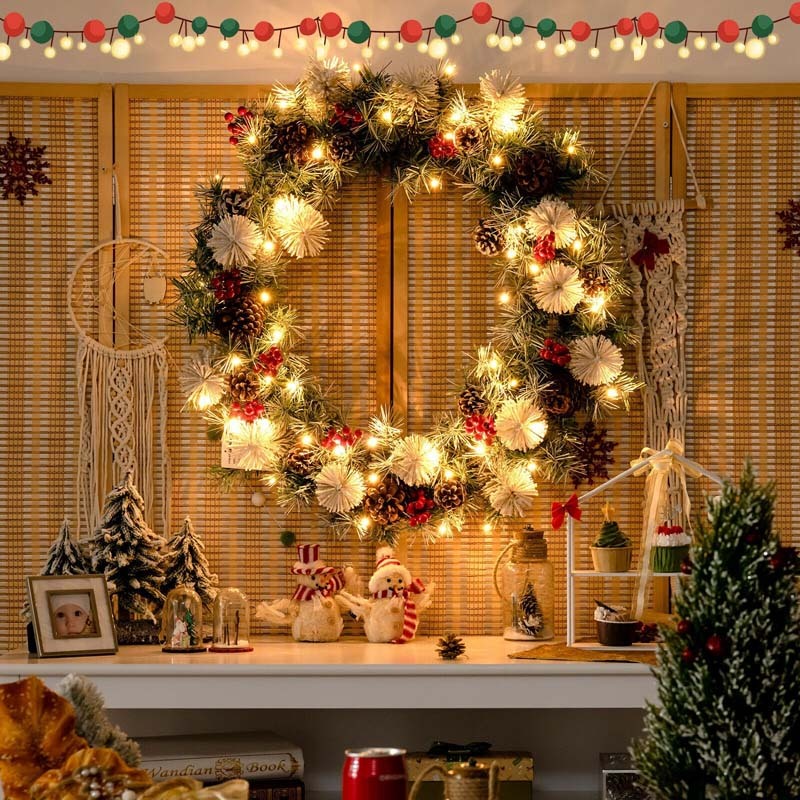 30" Pre-lit Snowflocked Artificial Christmas Wreath with 50 LED Lights
