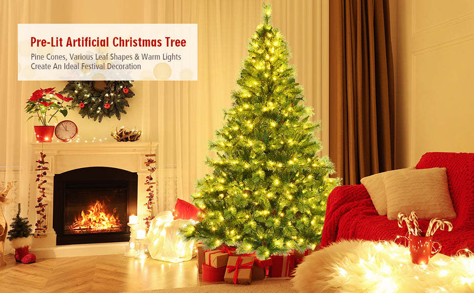 6FT Pre-lit Hinged Artificial Christmas Tree with 777 Glitter Tips and 350 LED Lights