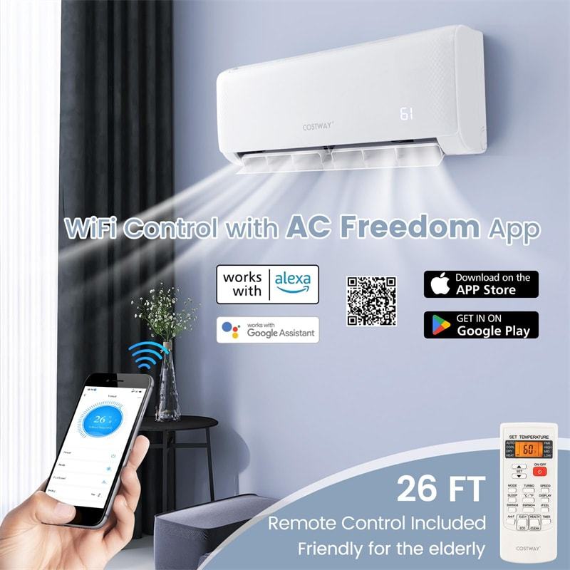 24000 BTU WiFi Ductless Mini Split Air Conditioner with Heat Pump, Energy Star 21 SEER2 208-230V Inverter AC Unit, Alexa Googlehome & Remote Control