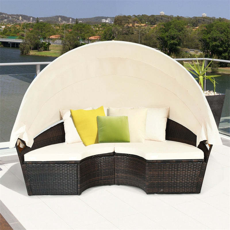 Round Patio Wicker Rattan Outdoor Daybed with Retractable Canopy - Brown