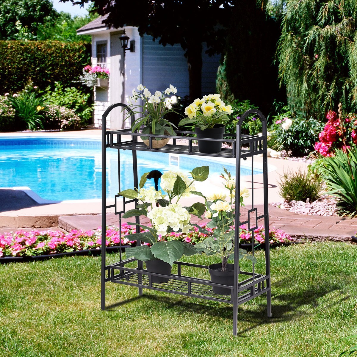 2 Tier Outdoor Metal Plant Stand Flower Pot Rack Display Holder