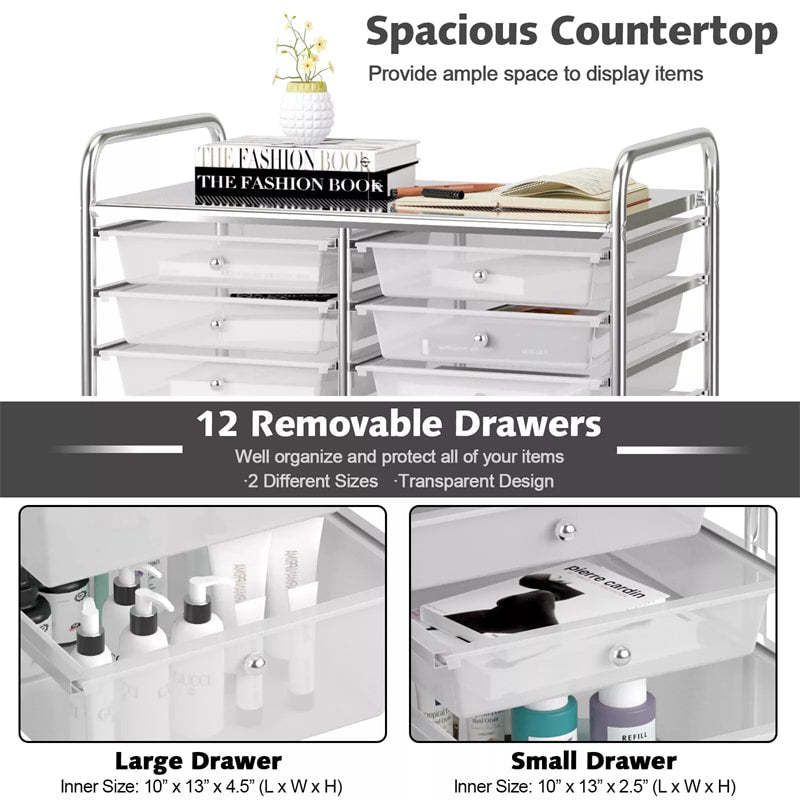 12-Drawer Rolling Storage Cart, Multipurpose Organizer Cart with Lockable Casters, Mobile Utility Cart for School Office Beauty Salon
