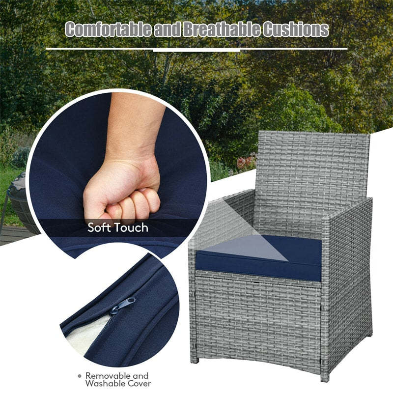 3 Piece Space-Saving Patio Rattan Bistro Set with Cushioned Armchairs & Coffee Table