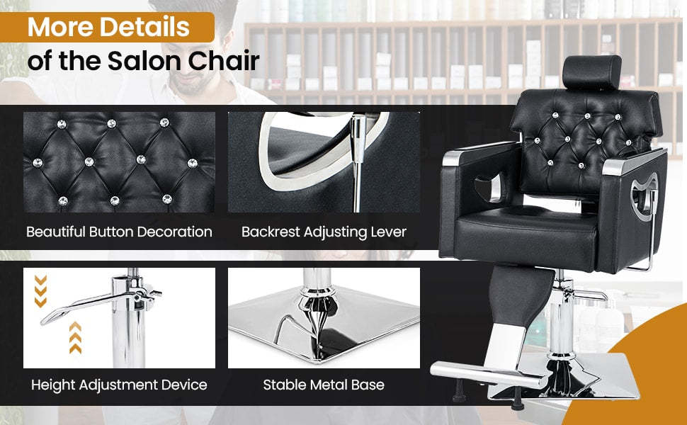 Reclining Salon Chair Heavy Duty Hydraulic Barber Chair Height Adjustable 360° Swivel Luxury Leather Padded Styling Chair with Headrest