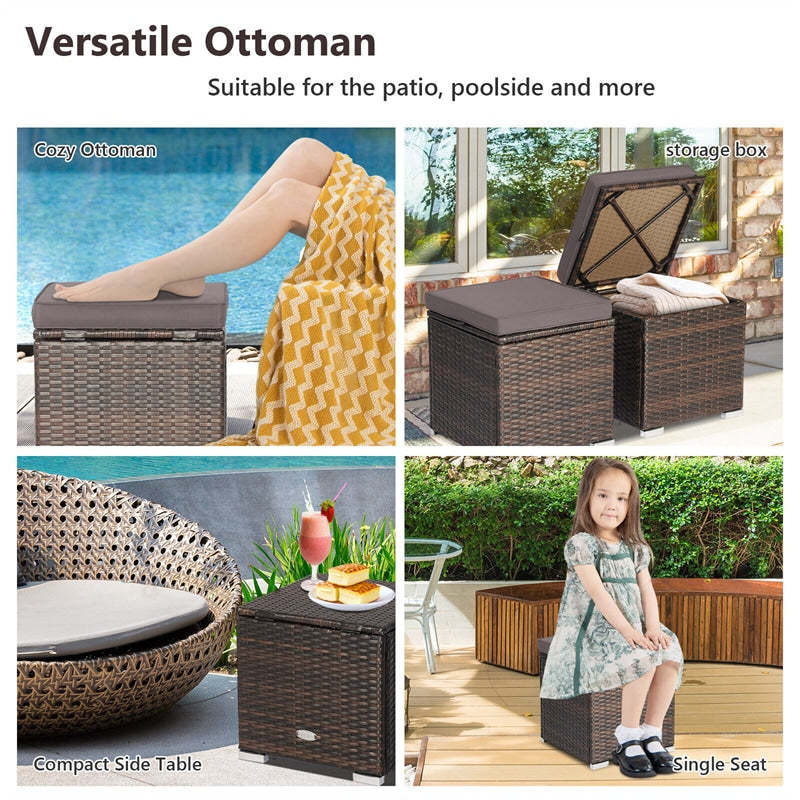 2PCS Wicker Patio Ottomans Hand-Woven PE Rattan Multipurpose Outdoor Footstool Side Table with Removable Cushions & Hidden Storage Box