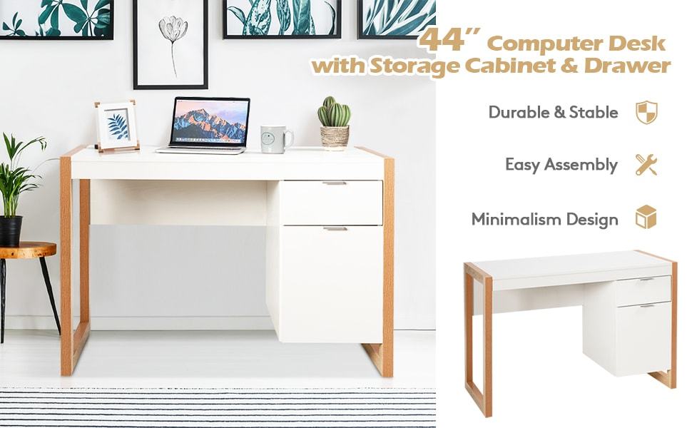 Wooden Home Office Desk White Computer Study Writing Table with Drawer & Cabinet