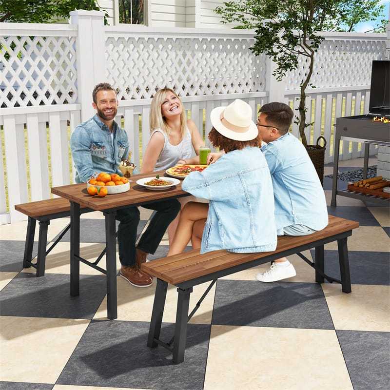 59" Outdoor Folding Picnic Table with Acacia Wood Top & Metal Frame, Portable Rectangular Dining Table for Garden, Yard, Patio & Indoor Activities