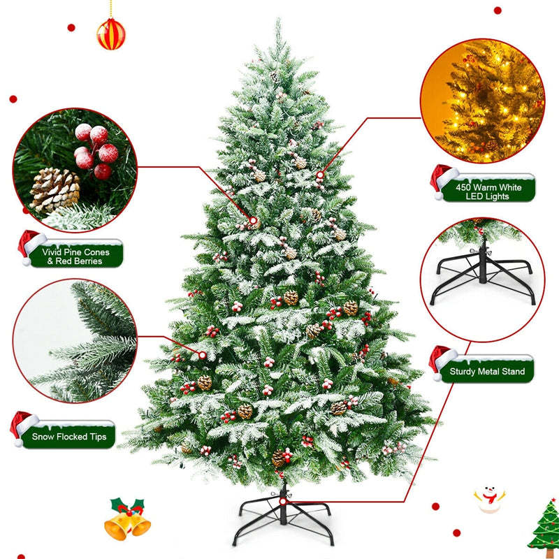 6.5ft Pre-lit Snow Flocked Hinged Artificial Christmas Tree with 450 LED Lights