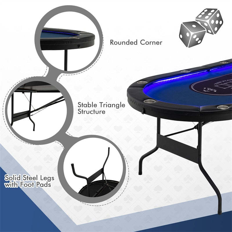 10-Player Poker Table, Foldable Casino Leisure Table Card Game Table Texas Holdem Table with LED Lights, Cup Holder & 4 USB Ports for Blackjack Board