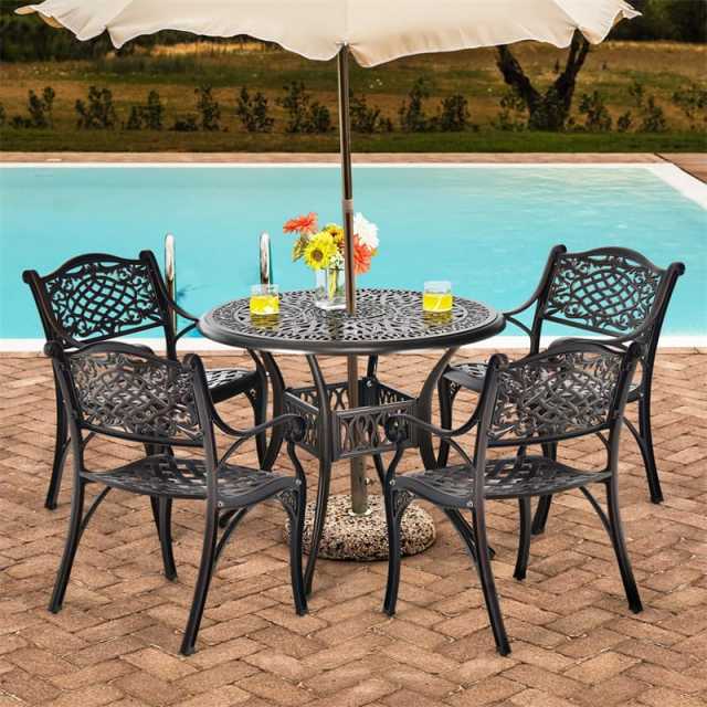 5 Piece Cast Aluminum Patio Bistro Set, All-Weather Outdoor Round Dining Table with Umbrella Hole & 4 Ergonomic Chairs for Backyard, Garden, Poolside