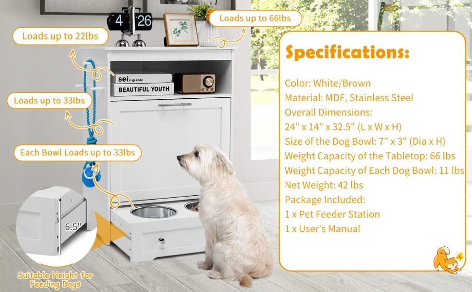 Modern Pet Feeding Station Furniture Dog Food Storage Cabinet with 2 Pull-out Dog Bowls for Watering and feeding Supplies