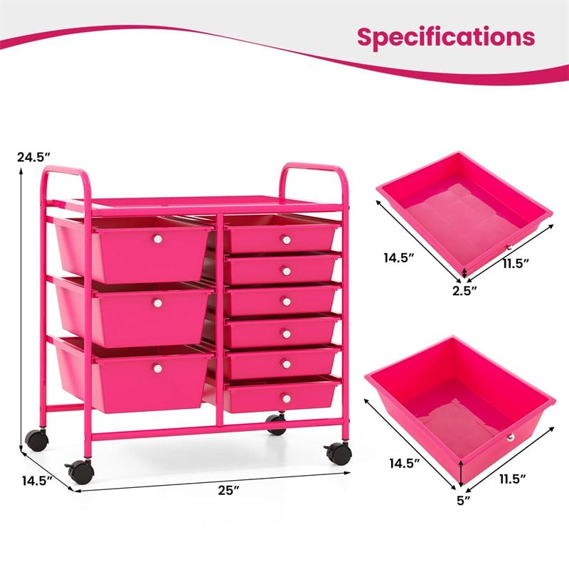 9-Drawer Rolling Storage Cart, Mobile Art & Craft Supply Organizer on Wheels, Metal Frame, Drawer Utility Cart for Classroom Office Home Salon