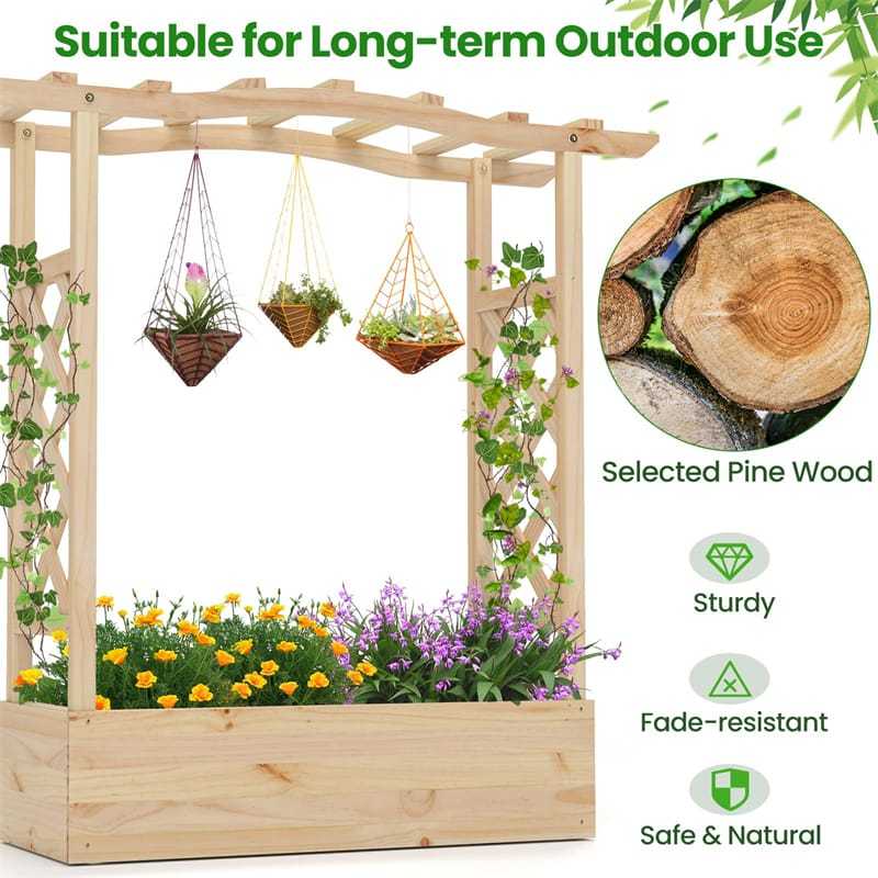 44" Wood Raised Garden Bed with Trellis, Hanging Roof & Drainage System, Freestanding Elevated Garden Planter for Flowers, Herbs, Climbing Vines