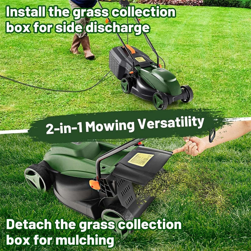 13" Corded Electric Lawn Mower 10-AMP 2-in-1 Walk-Behind Push Lawnmower with Collection Box & 3 Adjustable Height Position