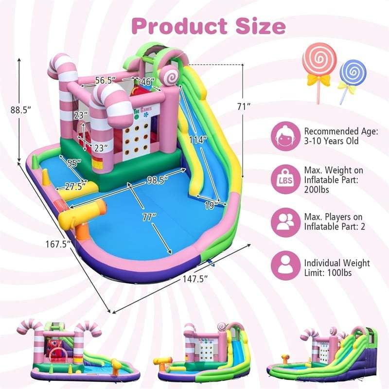 9-in-1 Inflatable Water Slide Bounce House Sweet Candy Backyard Bouncy Castle Waterpark Pool with GFCI 680W Blower, Climbing Wall & Tic-Tac-Toe