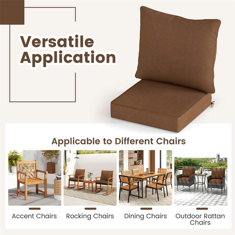 Deep Seat & Back Cushion Set with Rope Ties, Waterproof 6" Thick Indoor/Outdoor Chair Pads for Patio Furniture & Poolside
