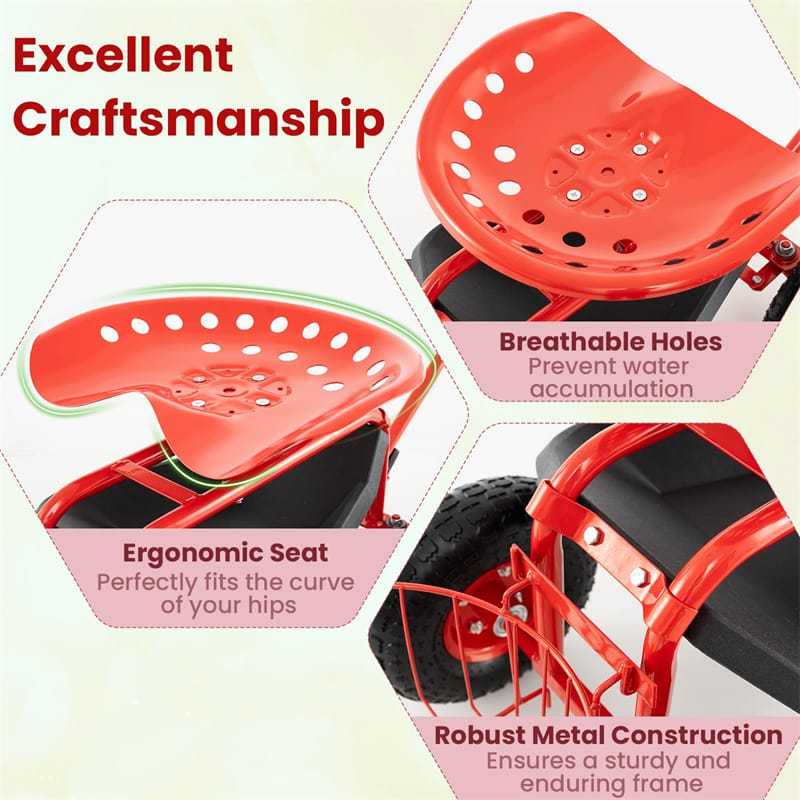 Rolling Garden Cart with 360° Swivel Seat, Extendable Hook Handle, Tool Tray, Storage Basket, Height Adjustable Gardening Workseat on Wheels