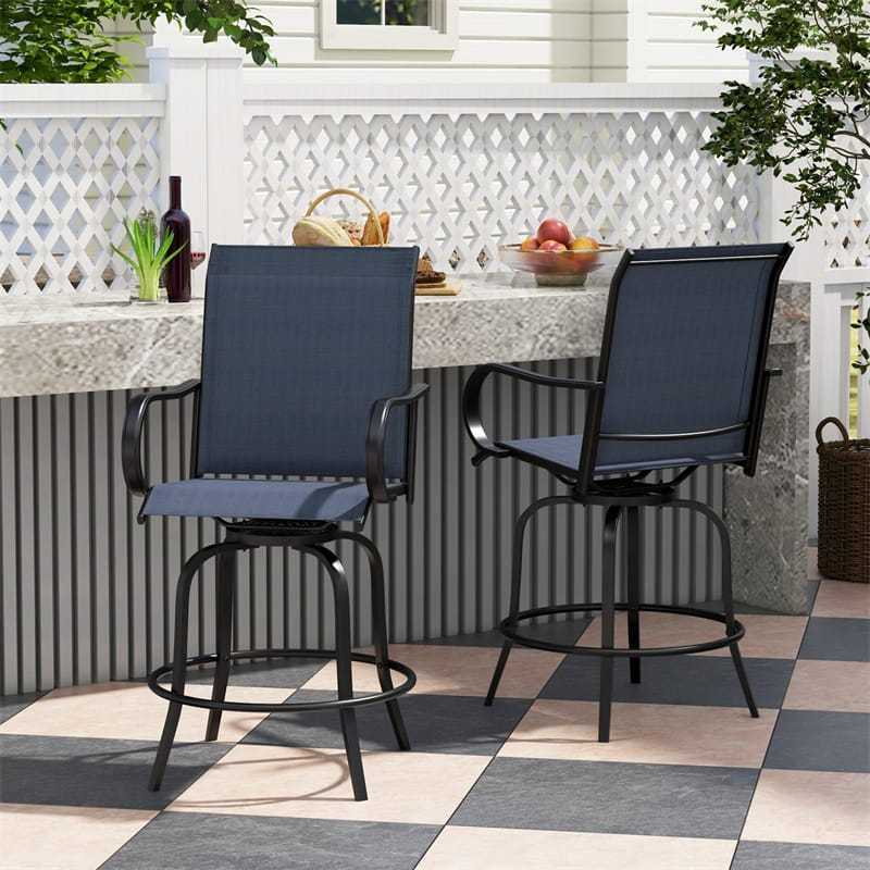 Outdoor Swivel Bar Stools Set of 2, All-Weather Steel Frame Bar Height Patio Chairs with Curved Armrests, High Back & Cozy Footrest