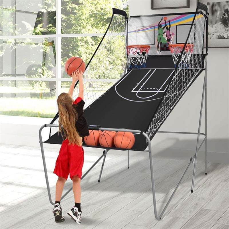Folding Basketball Arcade Game, Indoor Outdoor Dual Shot Electronic Basketball Game with 8 Game Modes, 4 Balls, LED Scoring for Kids & Adults