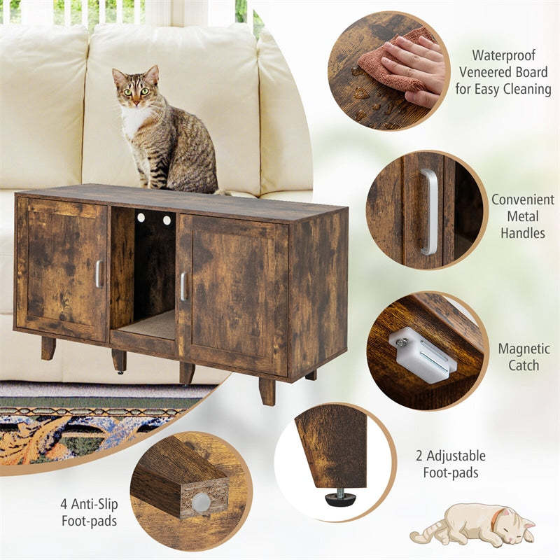 Double Cat Litter Box Enclosure, Large Hidden Cat Washroom Furniture with 2 Cabinets & Scratching Board, Cat House TV Stand Side Table