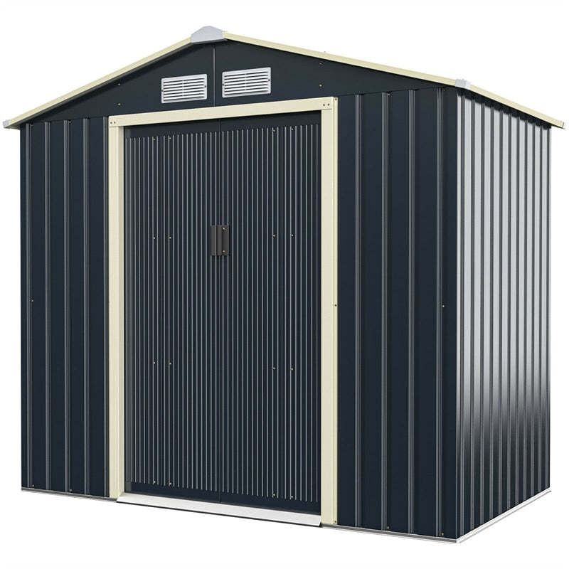7' x 4' Large Metal Storage Shed, Galvanized Steel Garden Tool House with Lockable Double Sliding Door & Air Vents, Outdoor Backyard Storage Cabinet