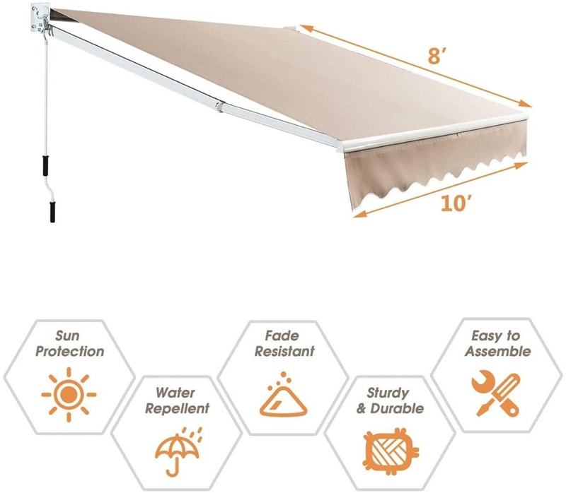 10’ x 8’ Retractable Patio Awning Outdoor Shade with Crank Handle