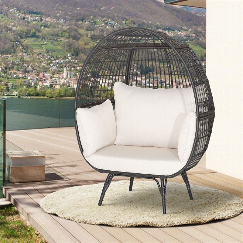 Oversized Wicker Egg Chair, Indoor/Outdoor PE Rattan Basket Lounge Chair with 4 Cushions, Steel Frame, 450LBS Capacity for Patio, Backyard